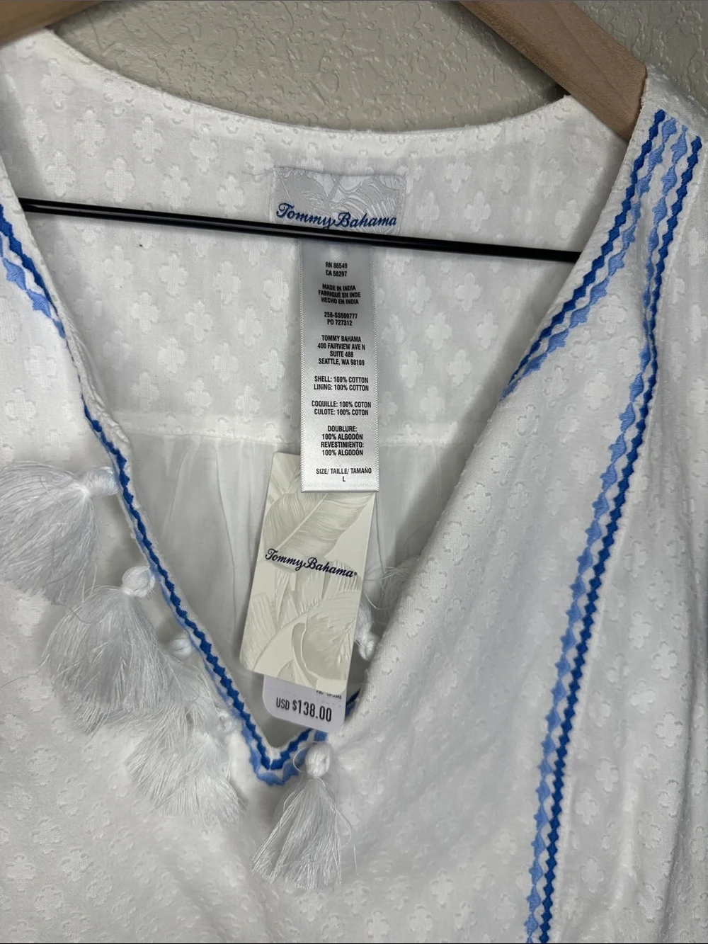 NWT Tommy Bahama White Cotton Clip Tiered Split-Neck Coverup Dress - Large